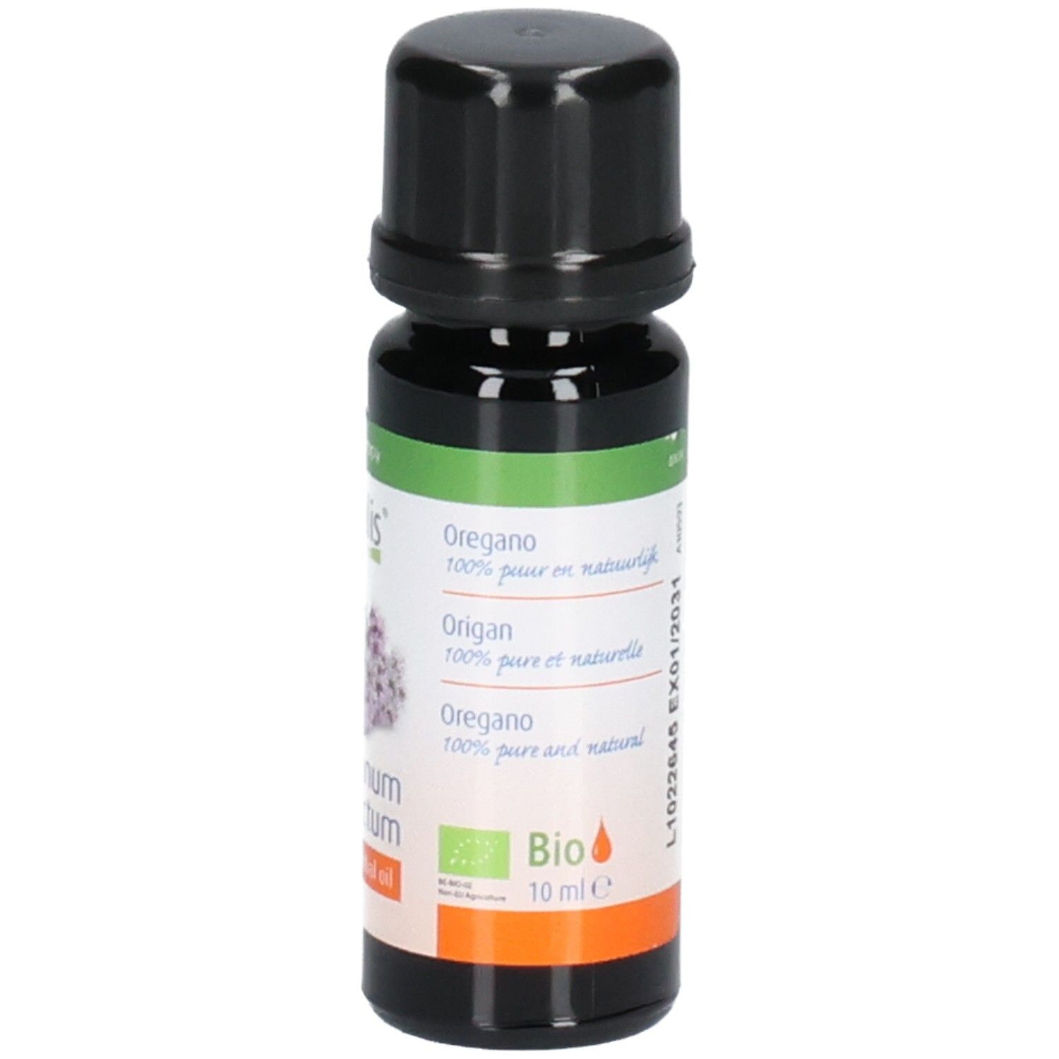 Flacon en verre brun avec bouchon noir. Étiquette avec nom du produit, label bio et indication de volume. Texte: 10 ml.