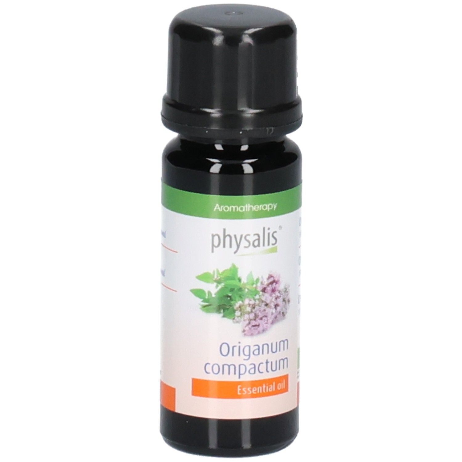 Flacon en verre brun avec bouchon noir. Étiquette avec nom du produit, illustration de plante et label bio. Texte: Essential oil.