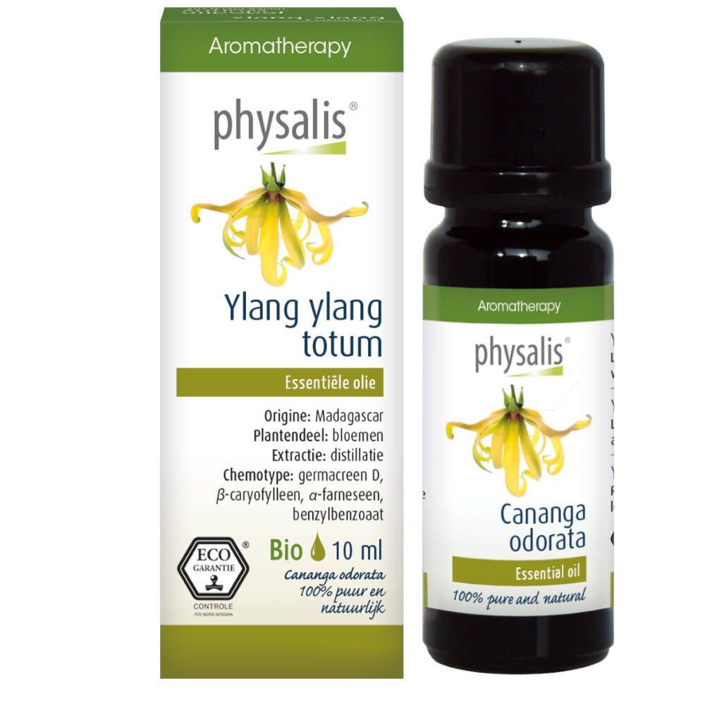Flacon avec bouchon noir et étiquette. L'étiquette indique "Physalis", "Ylang ylang totum", "Huile essentielle" et "Bio".
