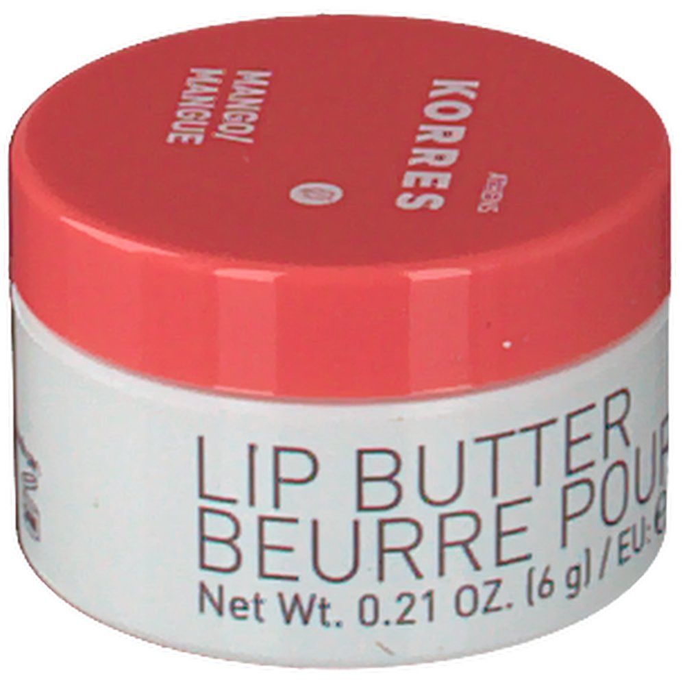 Pot blanc avec couvercle rouge. Inscription: KORRES, Mango, Lip Butter. Poids net 0,21 OZ. (6 g).