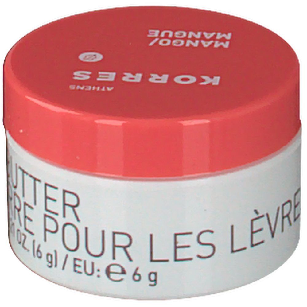 Pot blanc avec couvercle rouge. Inscription: KORRES, Mango, Lip Butter. EU: 6 g.