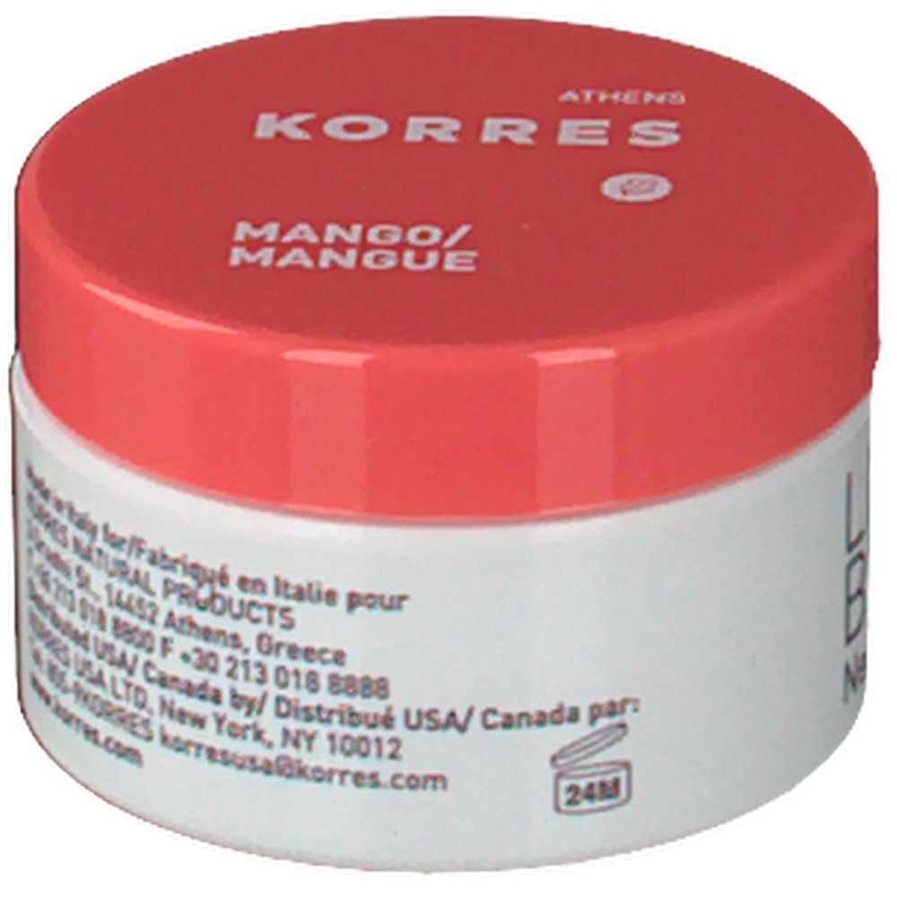 Pot blanc avec couvercle rouge. Inscription: KORRES, Mango. Texte: Fabriqué en Italie. Coordonnées. Symbole: 24M.