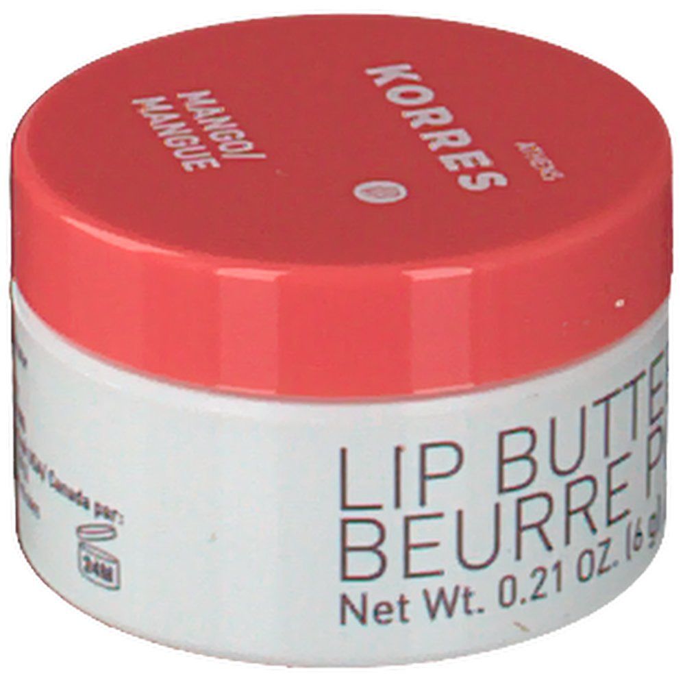 Pot blanc avec couvercle rouge. Inscription: KORRES, Mango, Lip Butter. Poids net 0,21 OZ. (6 g).