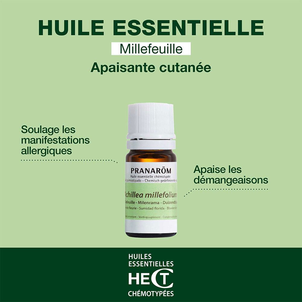 Flacon en verre brun avec bouchon blanc et étiquette. PRANAROM et Achillea millefolium sont visibles sur l'étiquette.