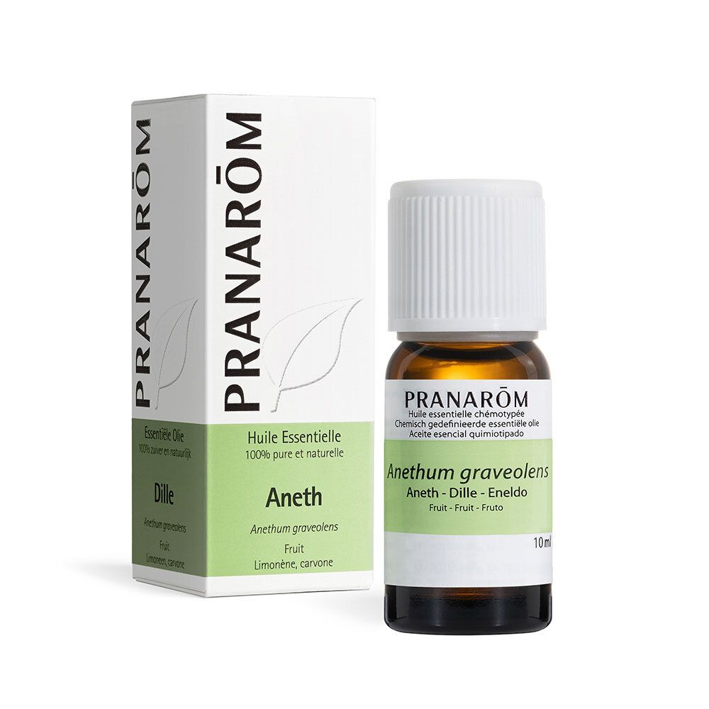 Flacon en verre brun avec bouchon blanc et étiquette. Boîte avec logo PRANAROM et informations produit.