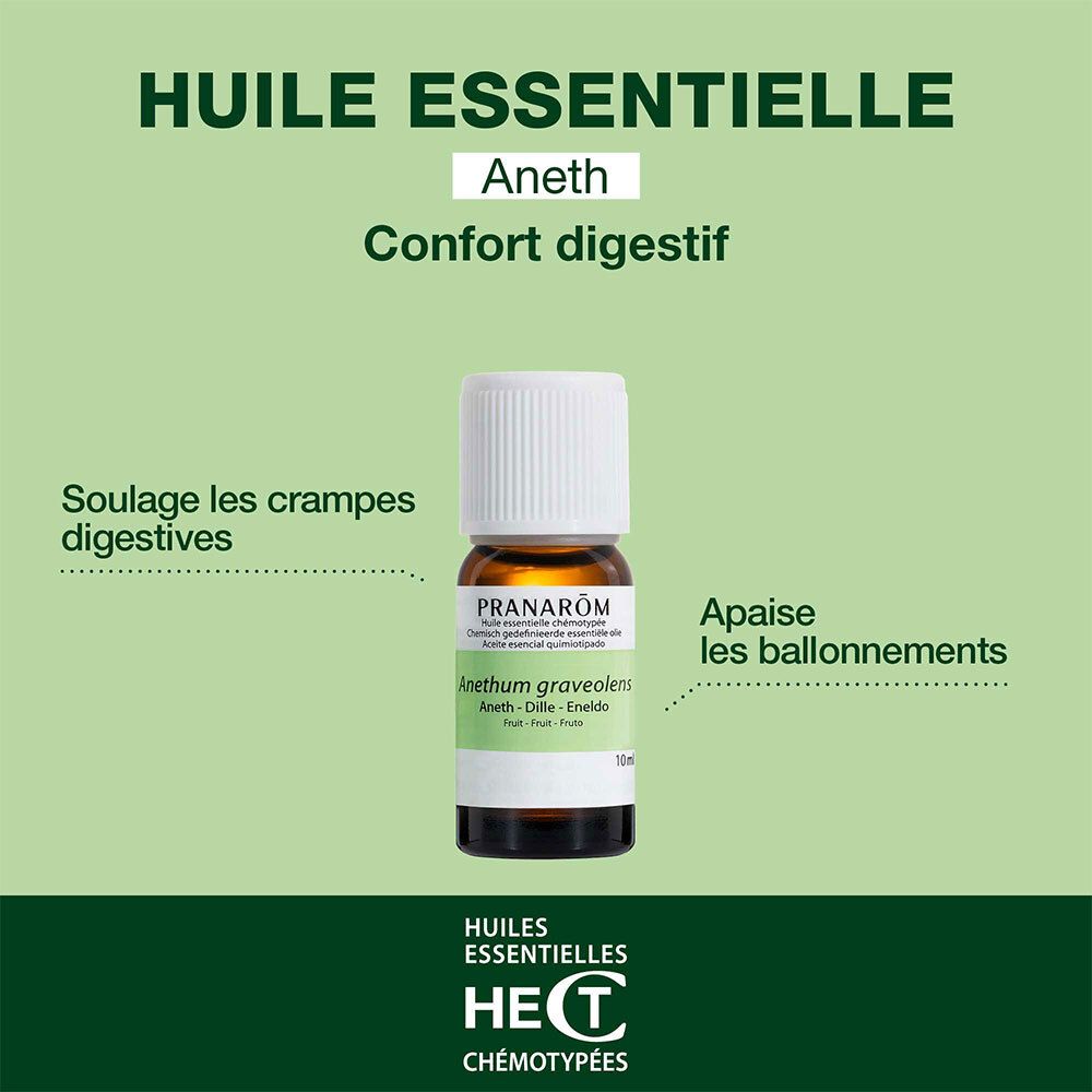 Flacon en verre brun avec bouchon blanc et étiquette. Boîte avec logo PRANAROM et informations produit.