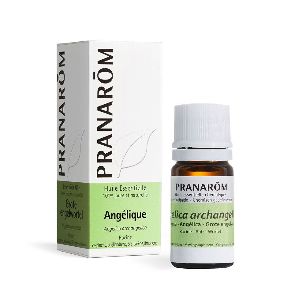 Flacon et emballage du produit. Boîte blanche avec nom du produit et marque PRANAROM. Texte en français.
