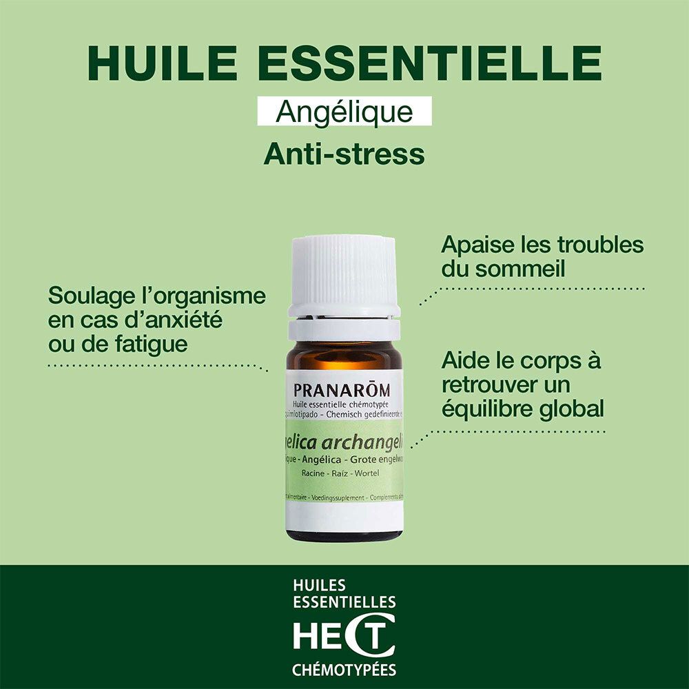 Flacon et emballage du produit. Boîte blanche avec nom du produit et marque PRANAROM. Texte en français.