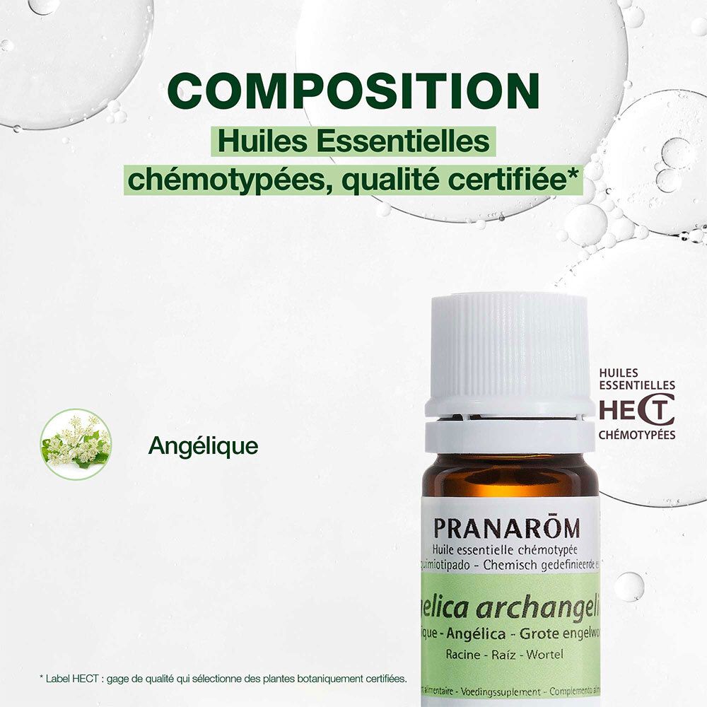 Flacon et emballage du produit. Boîte blanche avec nom du produit et marque PRANAROM. Texte en français.