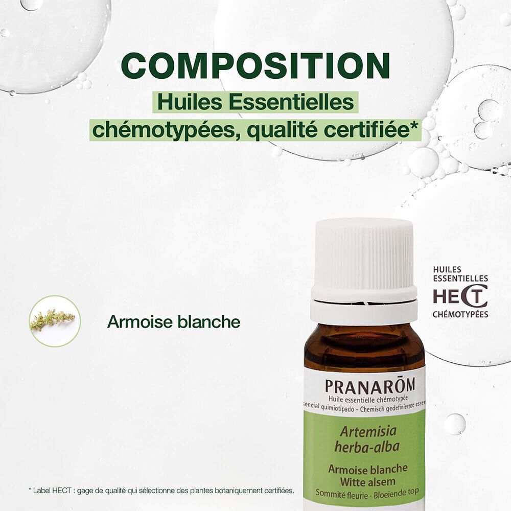 Flacon en verre brun et bouchon blanc. Étiquette avec nom du produit et marque PRANAROM. 10 ml.