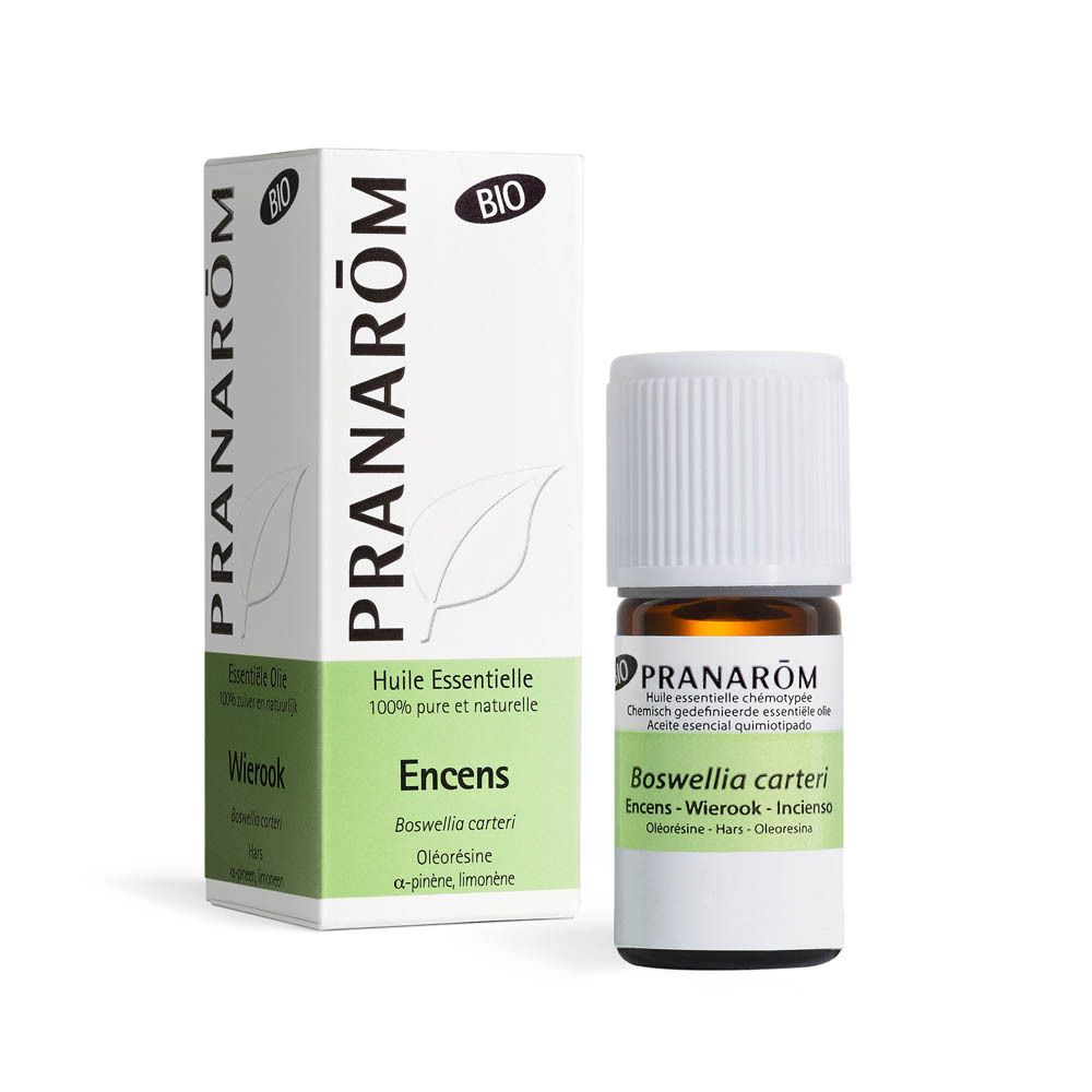 Flacon et boîte PRANAROM. Huile essentielle. Texte: Wierook, Boswellia carteri, 5ml.