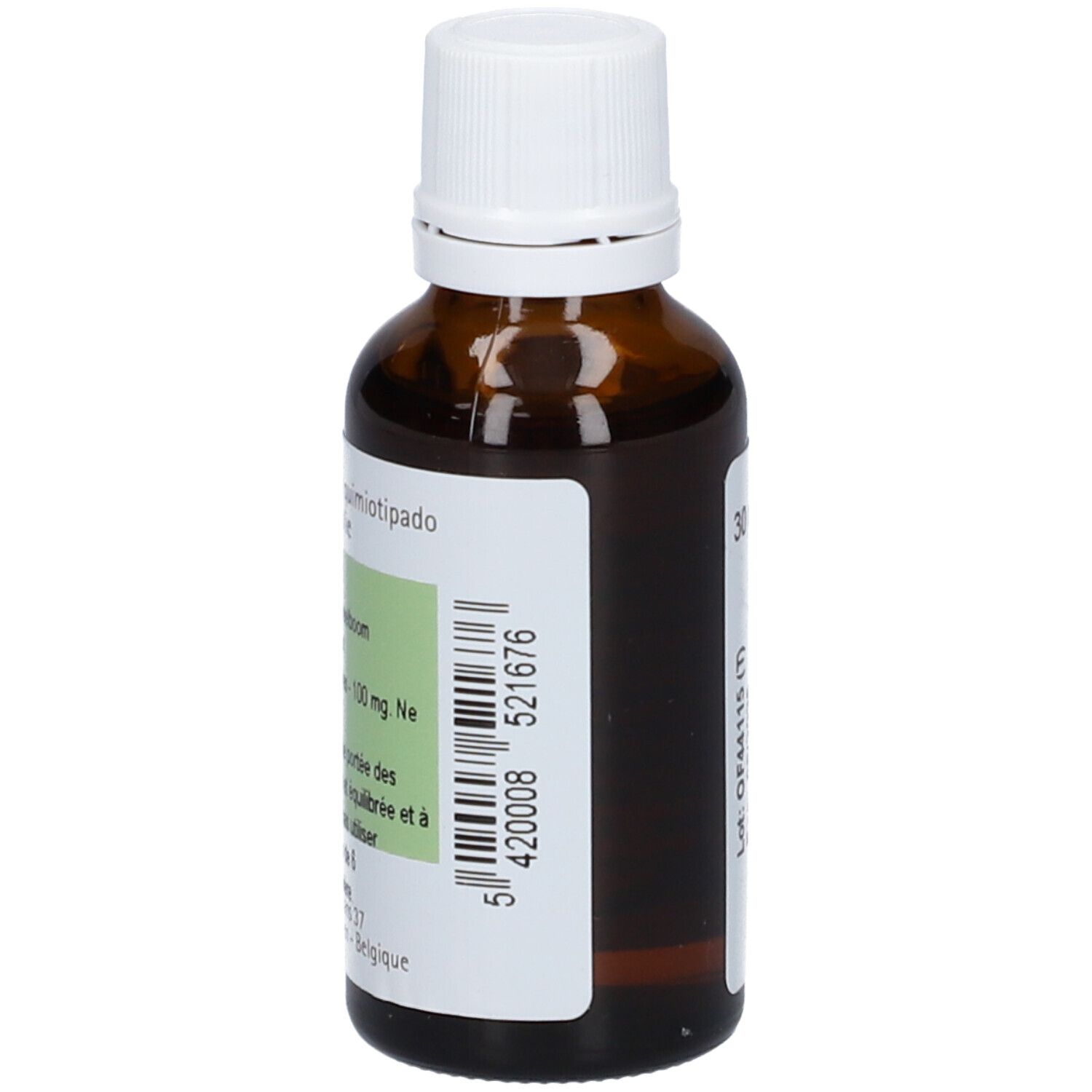 Flacon en verre brun avec bouchon blanc. Étiquette avec informations produit et code-barres. Contient de l'huile essentielle.