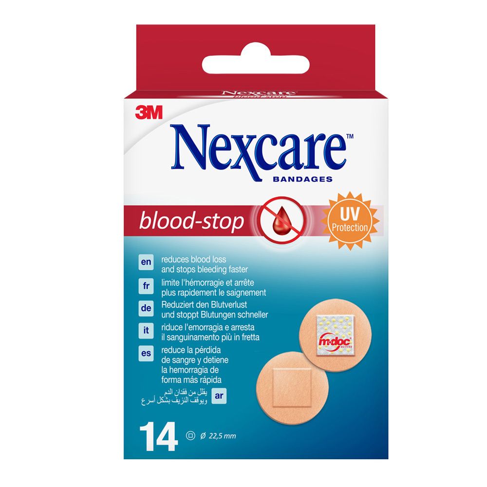 Boîte de pansements hémostatiques Nexcare. Contient 14 pansements. Texte: blood-stop, 3M, Nexcare, 14 x 22,5mm, UV Protection.