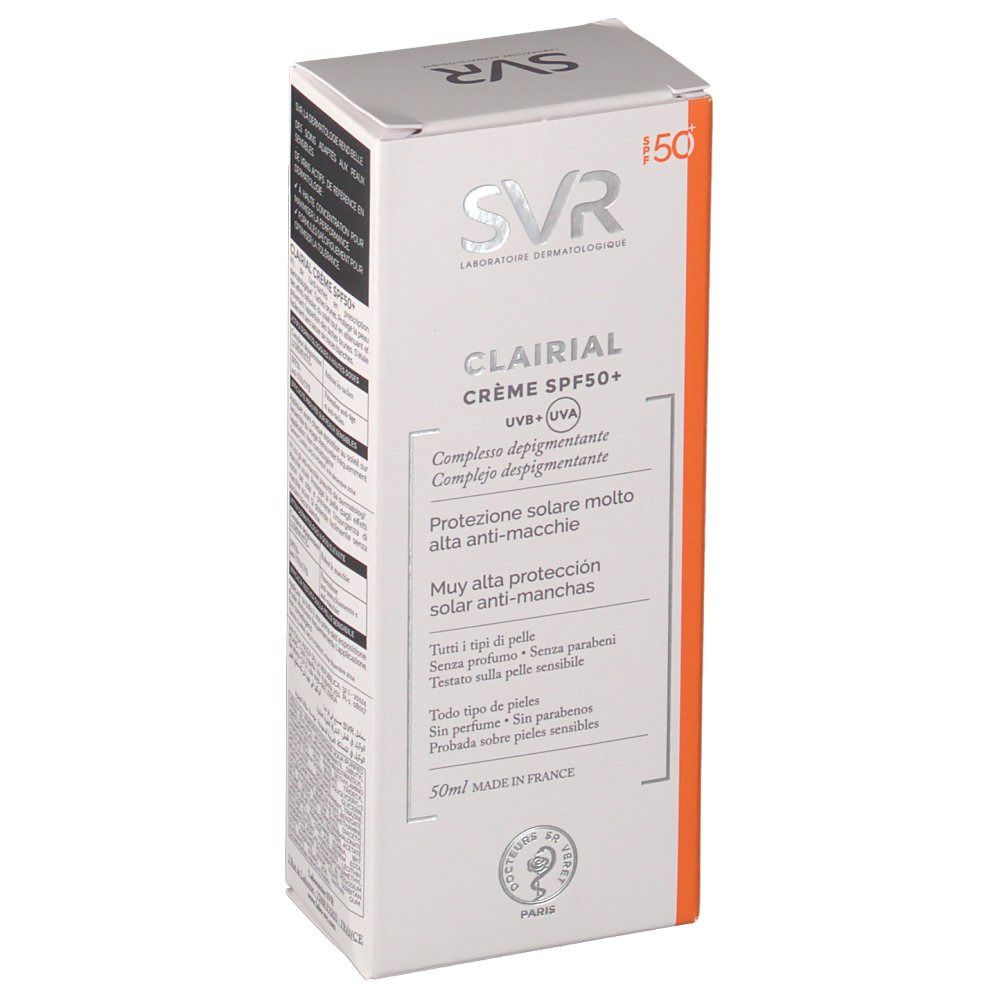 Boîte de crème solaire SVR Clairial SPF50+. Inscriptions en plusieurs langues. Design blanc et orange. Contenance 50ml.