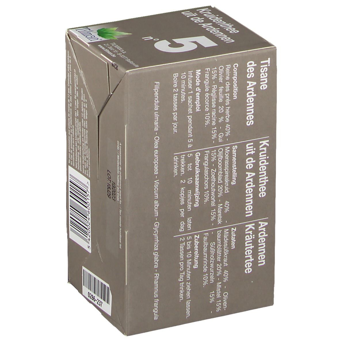 Tisane des Ardennes n°5 Urinaire. Boîte avec liste des ingrédients. Marque Tilman. 20 sachets.