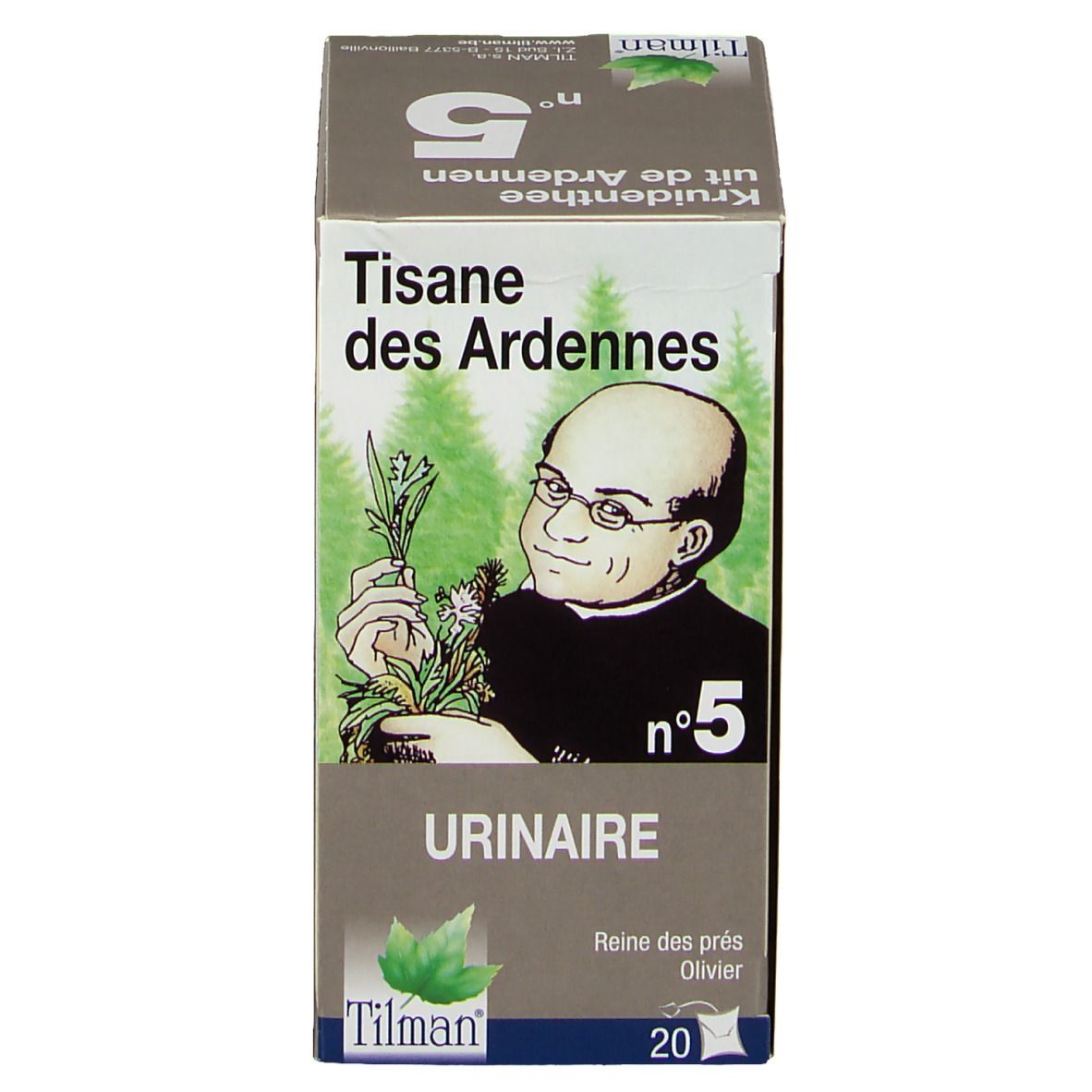 Tisane des Ardennes n°5 Urinaire. Boîte avec illustration d'un homme et des herbes. Marque Tilman. 20 sachets.