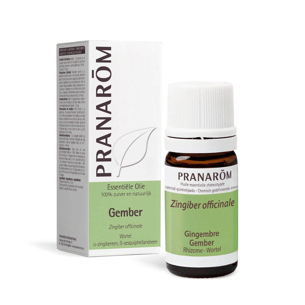 Flacon et boîte en verre brun avec logo et nom du produit. Texte: Pranarom, Gember, Zingiber officinale. Flacon: 100% pur.