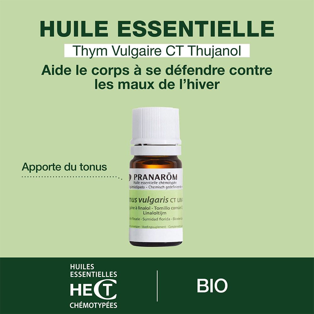 Flacon en verre brun, bouchon blanc. Inscription: PRANAROM, Thymus vulgaris CT Thymol.