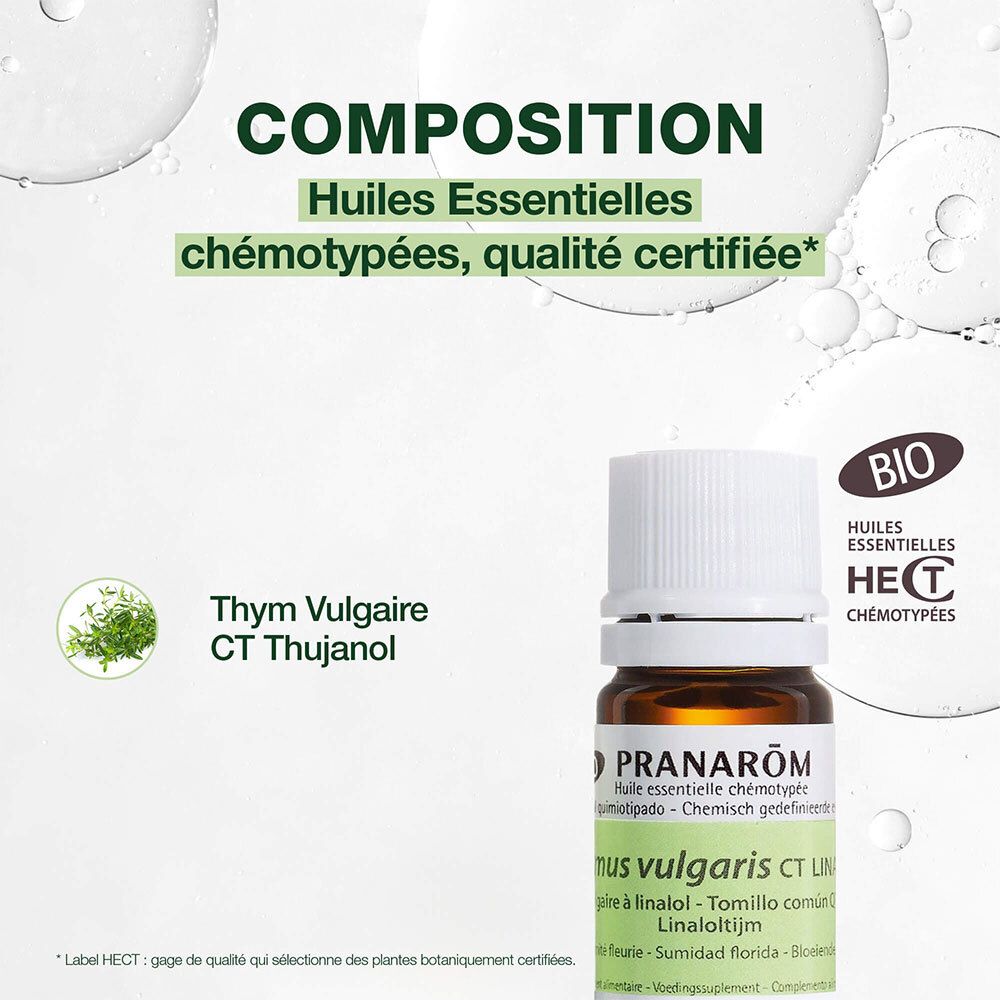 Flacon en verre brun, bouchon blanc. Inscription: PRANAROM, 10 ml.