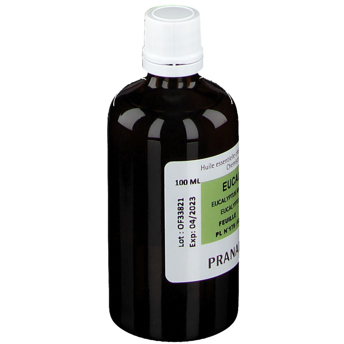 Flacon en verre brun avec bouchon blanc. Étiquette avec nom du produit, 100 ml. Marque Pranarôm.