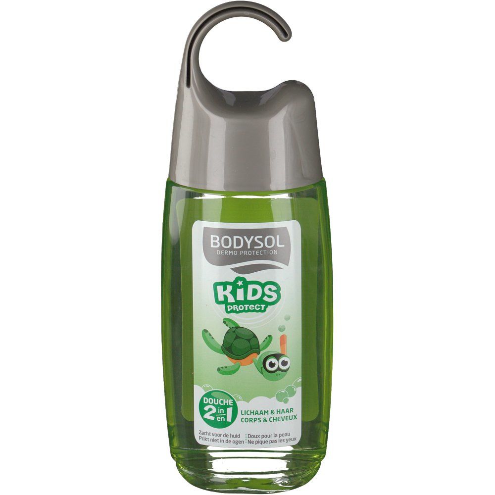 Flacon vert avec crochet gris. Étiquette "Bodysol Kids Protect" et tortue. Gel douche 2 en 1 pour corps et cheveux.