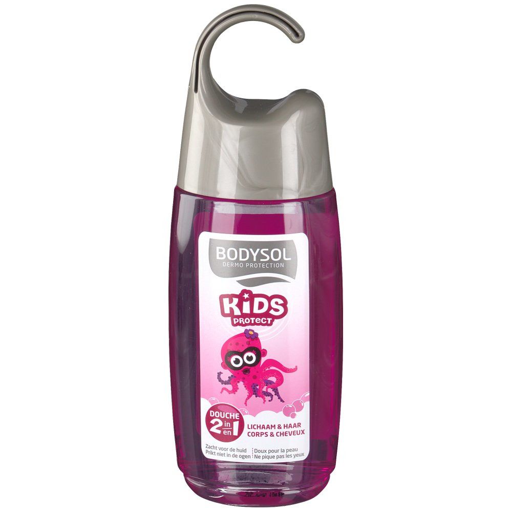 Flacon de douche rose avec bouchon gris et crochet. Étiquette avec texte et illustration de poulpe. "Kids Protect" et "Douche 2 en 1".