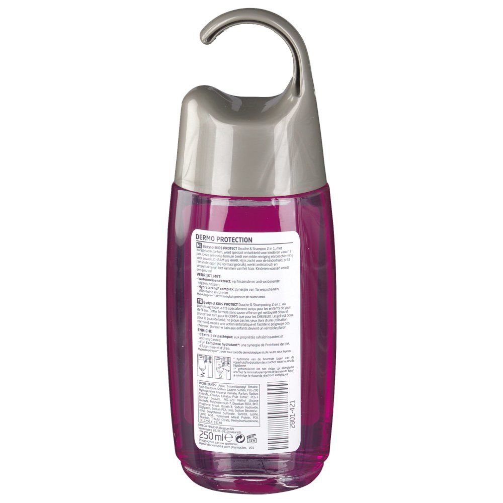 Dos du flacon rose avec bouchon gris et crochet. Étiquette avec texte, ingrédients et code-barres.