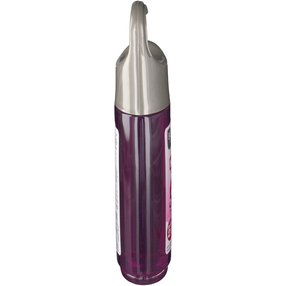 Vue latérale du flacon rose avec bouchon gris et crochet. Étiquette avec texte.