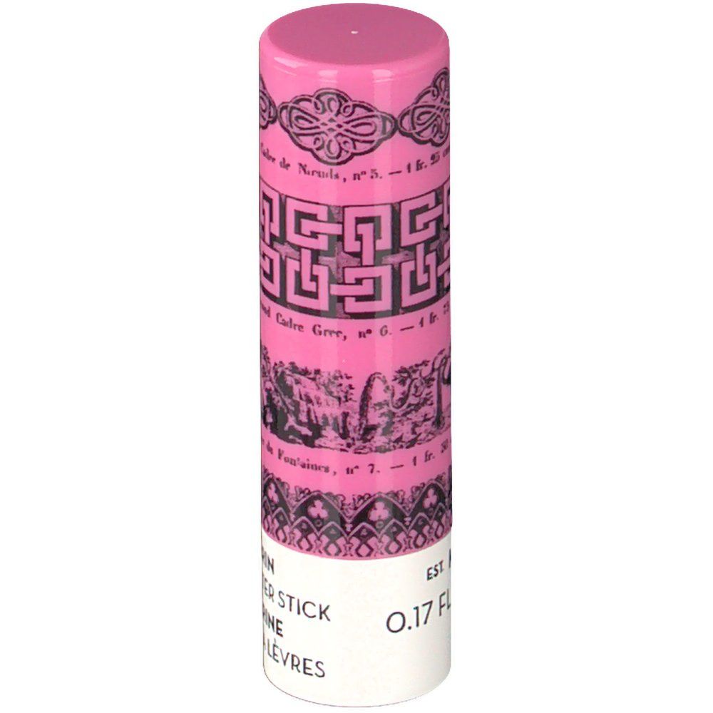 Stick de baume à lèvres rose avec base blanche. Ornements et texte noirs. Inscription: Mandarin Lip Butter Stick, 0.17 FL OZ.