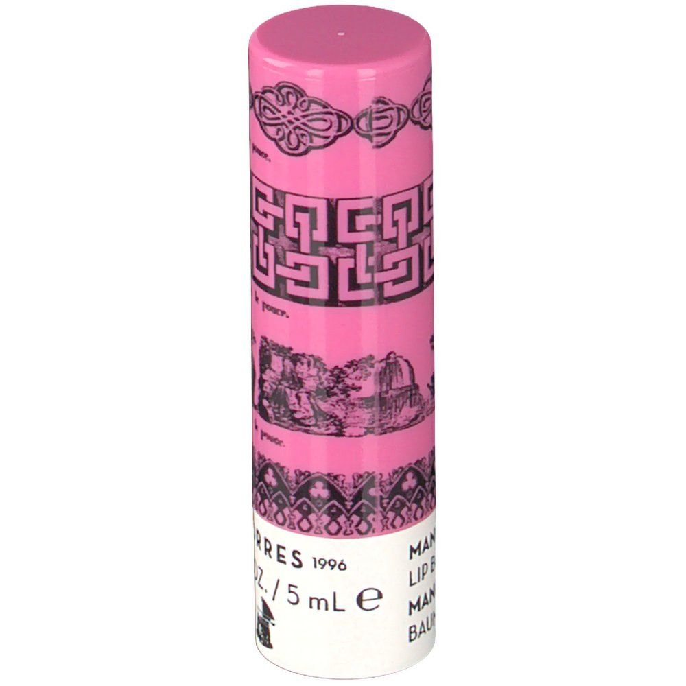 Stick de baume à lèvres rose avec base blanche. Ornements et texte noirs. Inscription: KORRES 1996, /5 mL e, Mandarin Lip Butter.