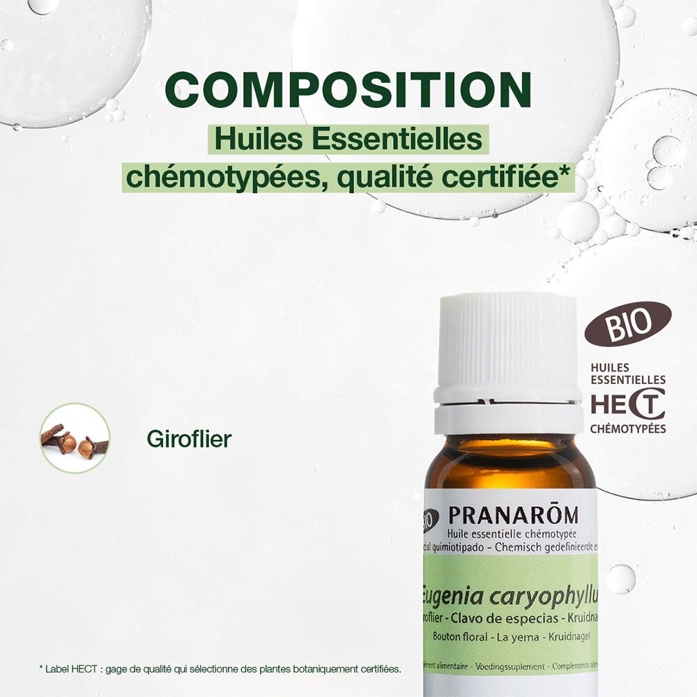 PRANAROM Nelke. Texte: Huiles Essentielles chémotypées, Giroflier. Certification BIO. Flacon et clous de girofle.