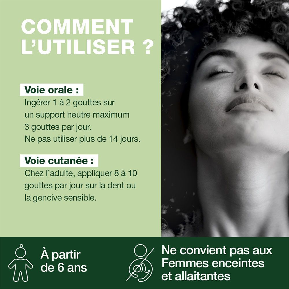 Conseils d'utilisation. Voie orale: 1-2 gouttes. Voie cutanée: 8-10 gouttes. Non pour femmes enceintes et enfants -6 ans.