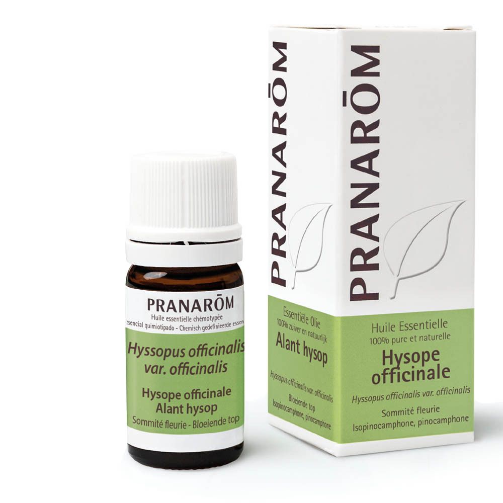 Flacon en verre brun avec bouchon blanc et boîte. Inscription : Pranarôm, Hyssopus officinalis var. officinalis.