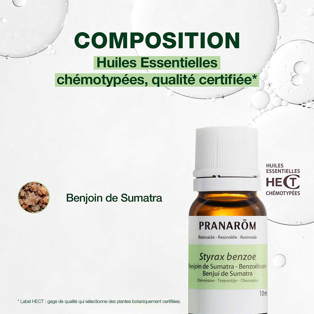 Flacon et boîte Pranarôm. Inscription: Styrax benzoe, Benjoin de Sumatra. Bouchon blanc. Fond vert.