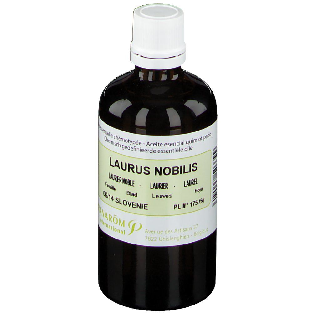 Flacon en verre brun avec bouchon blanc. Étiquette avec informations produit et logo PRANAROM. Texte: LAURUS NOBILIS, Laurier.