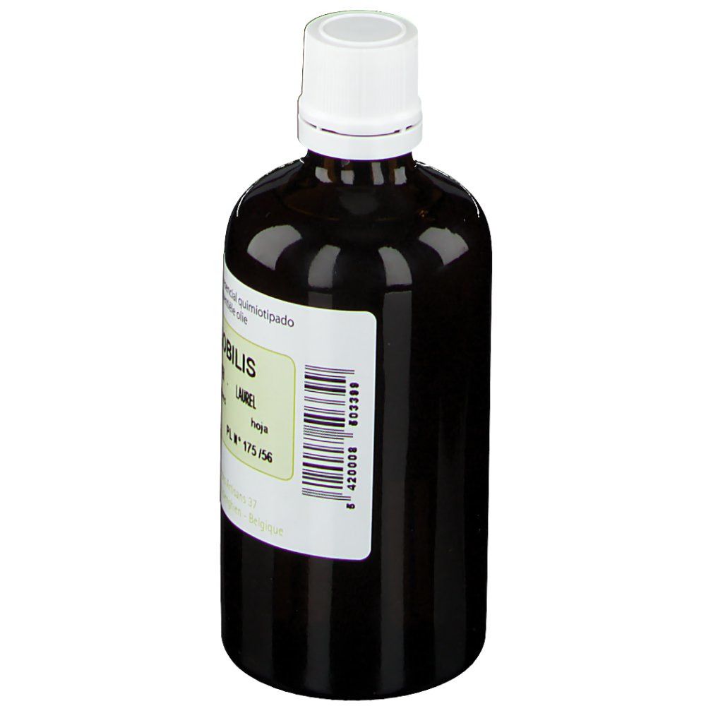 Flacon en verre brun avec bouchon blanc. Étiquette avec code-barres et informations produit. Logo PRANAROM non visible.