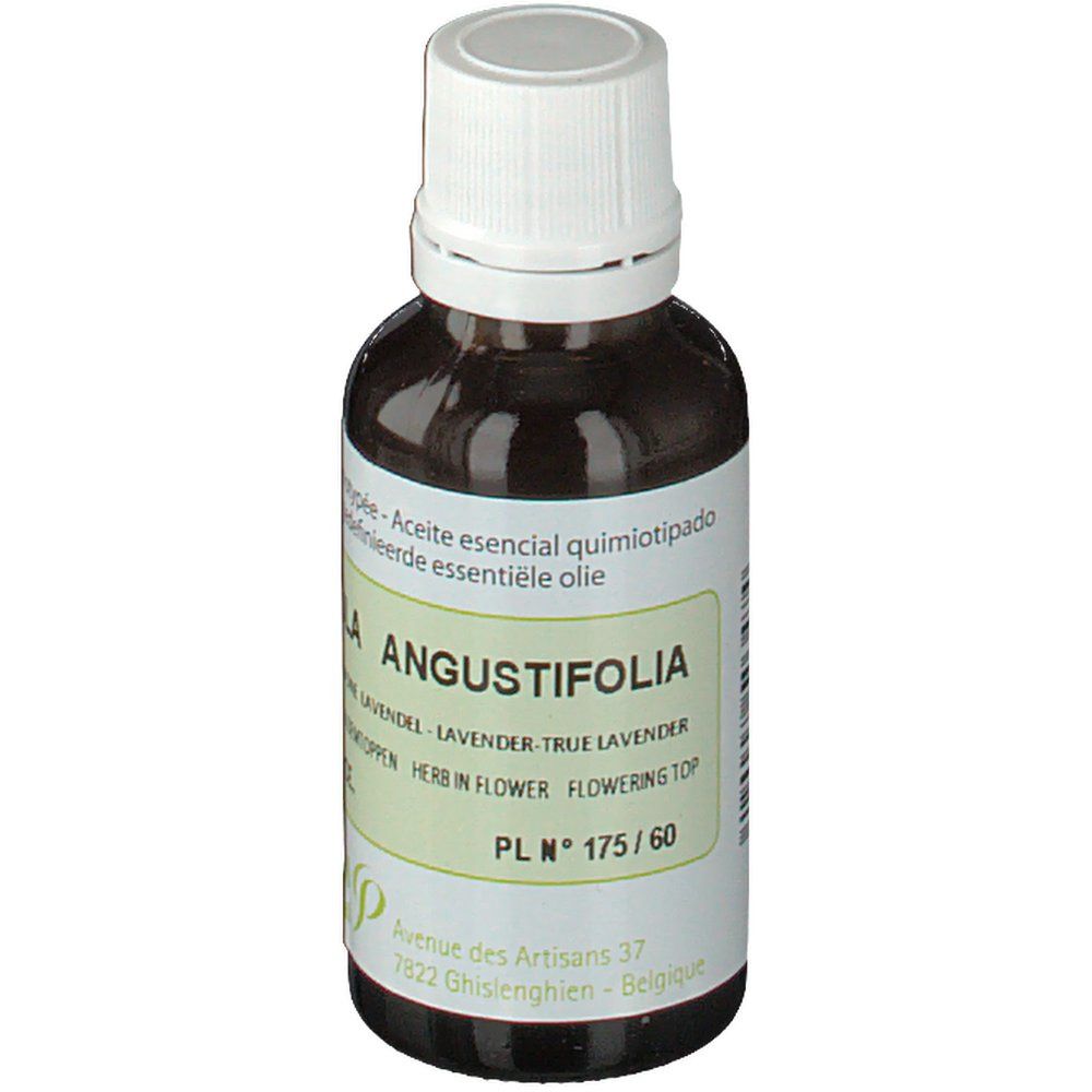 Flacon en verre brun avec bouchon blanc. Étiquette avec texte: Lavandula Angustifolia, Lavande vraie. Étiquette verte avec texte.
