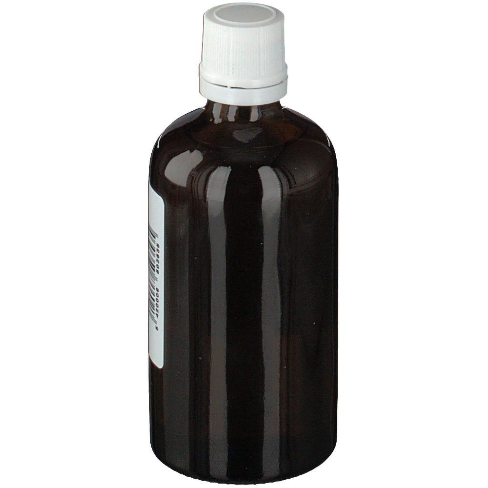 Flacon en verre brun avec bouchon blanc. Pas d'étiquettes ni de texte visibles.