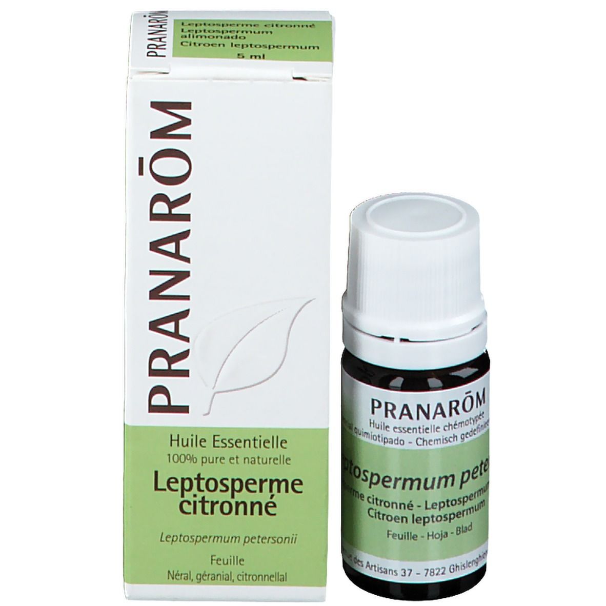 Emballage produit avec flacon. Boîte avec nom et informations. Marque PRANAROM. 5 ml.