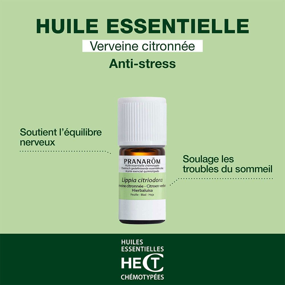 Image d'une femme détendue. Texte: Huile Essentielle, Verveine citronnée, Anti-stress.