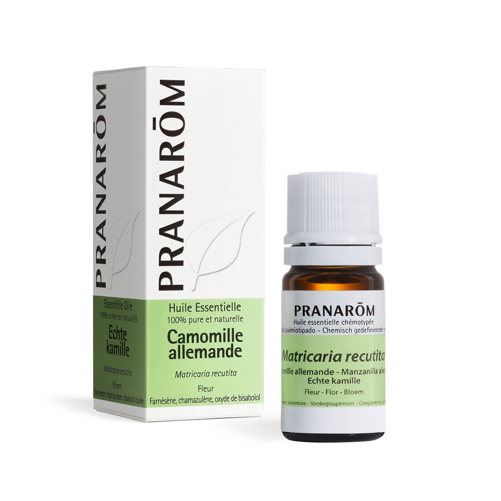 Emballage PRANAROM et flacon en verre brun avec bouchon blanc. Inscription: Camomille allemande, 5ml. Informations produit.