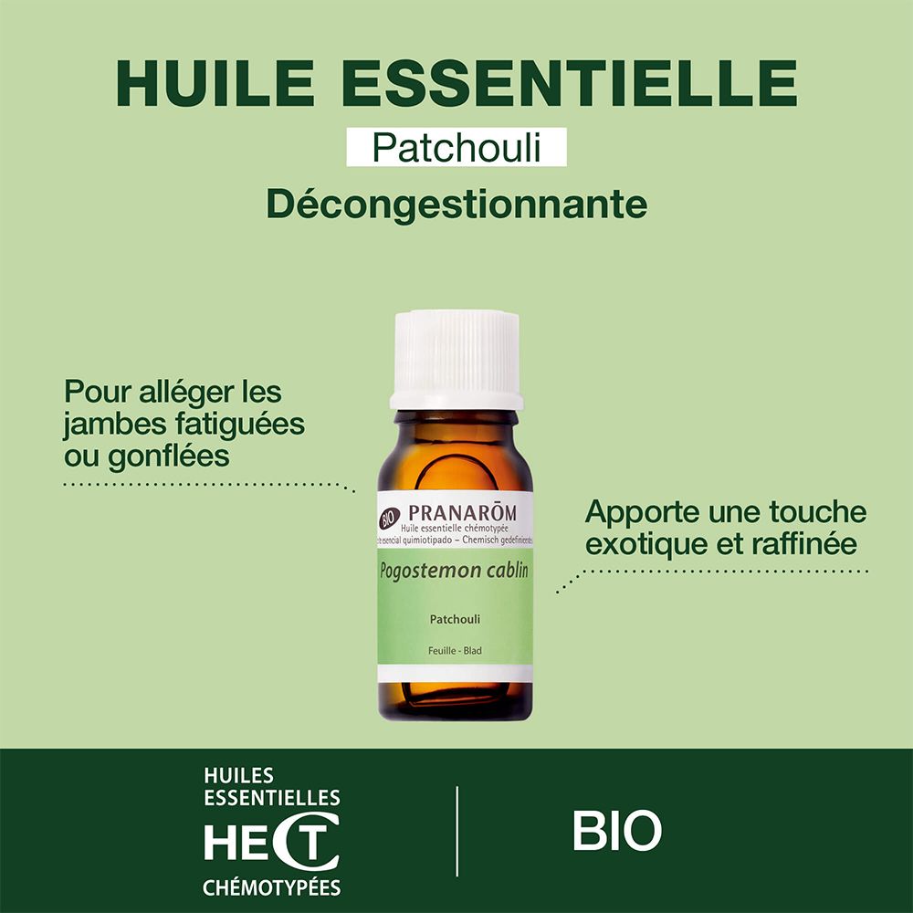 Flacon brun, bouchon blanc. Texte: Huile Essentielle Patchouli. Certification BIO. Fond vert.