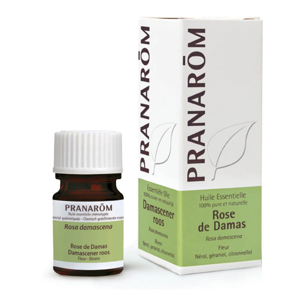 Flacon et emballage du produit. Flacon brun avec bouchon blanc. Emballage avec marque PRANAROM et nom du produit.