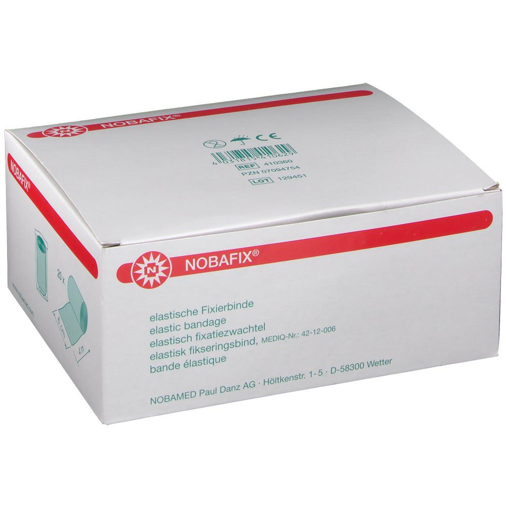 Boîte blanche avec ligne rouge et logo Nobafix®. Texte : bandage élastique de fixation. Marquage CE. Adresse du fabricant.