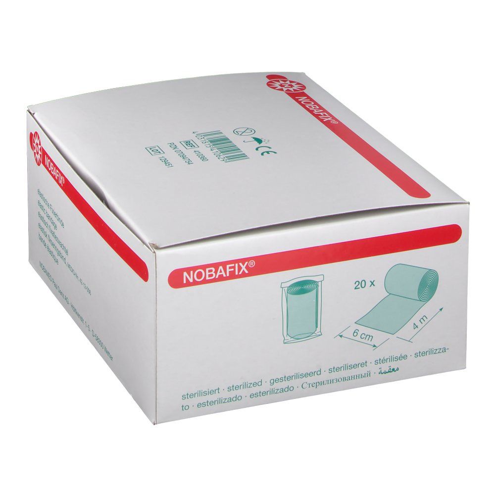 Boîte blanche avec ligne rouge et logo Nobafix®. Illustration : rouleau de bandage. Texte : 20 x, 6 cm x 4 m. Stérile.