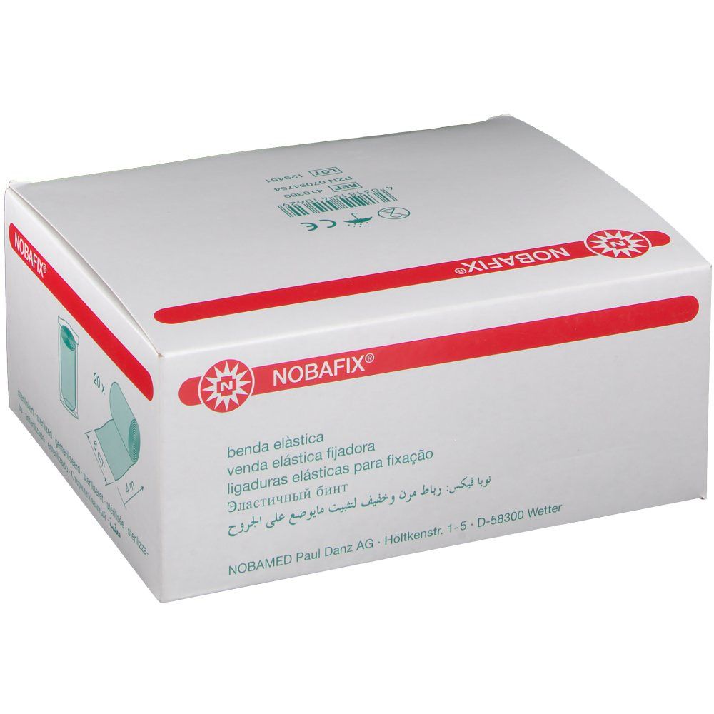 Boîte blanche avec ligne rouge et logo Nobafix®. Texte multilingue. Adresse du fabricant. Marquage CE.