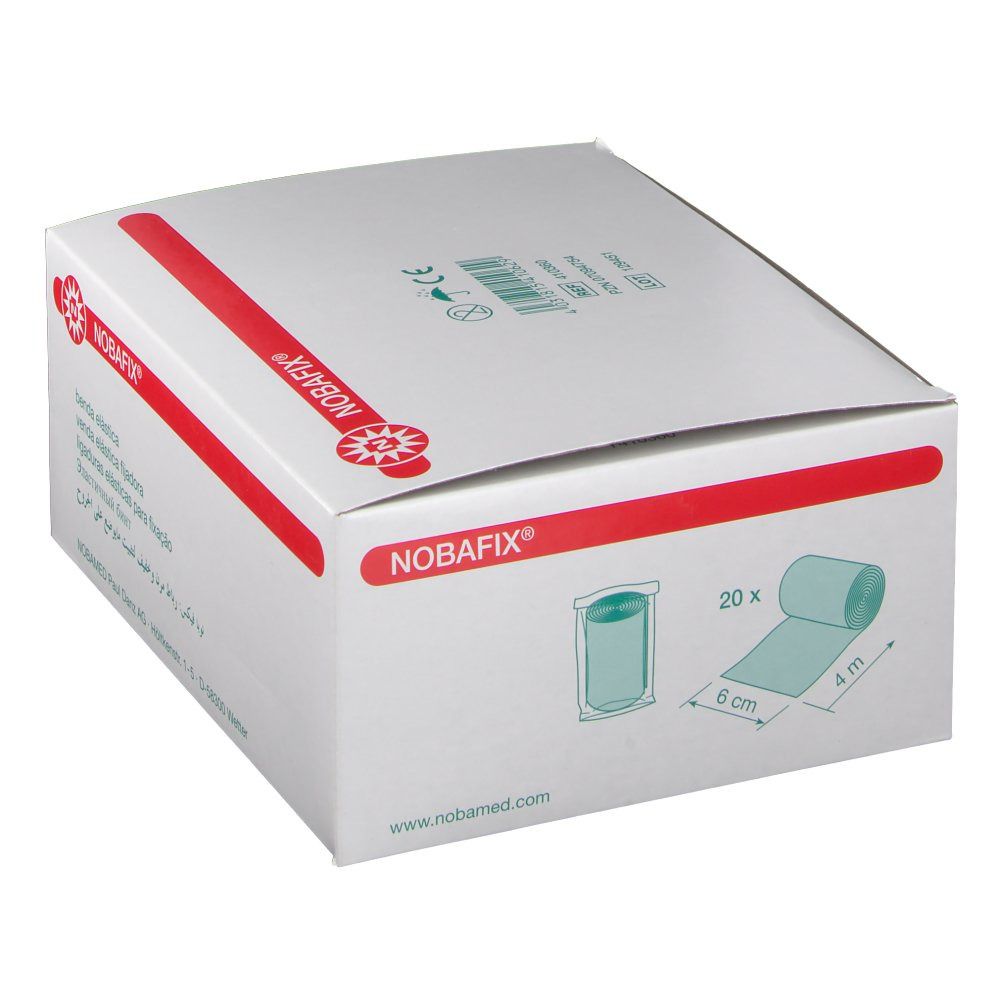 Boîte blanche avec ligne rouge et logo Nobafix®. Illustration : rouleau de bandage. Texte : 20 x, 6 cm x 4 m. Stérile.