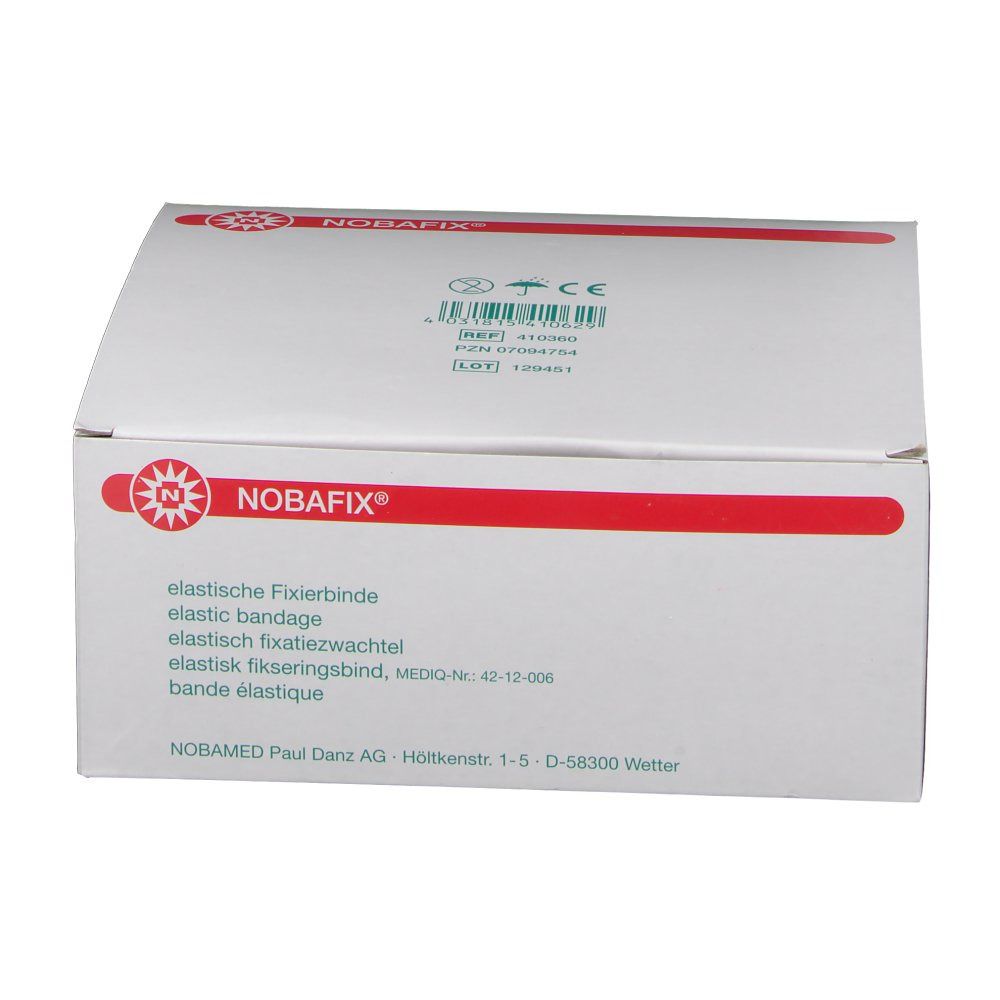 Boîte blanche avec ligne rouge et logo Nobafix®. Texte : bandage élastique de fixation. Marquage CE. Adresse du fabricant.