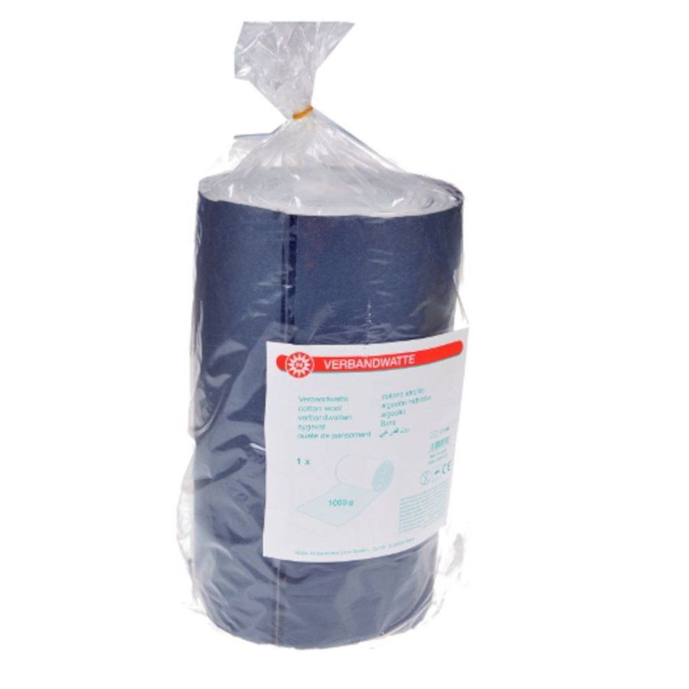 Coton hydrophile roulé en emballage plastique. Étiquette avec nom et informations. Matière bleue.