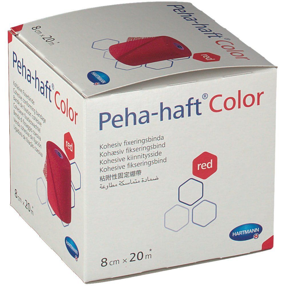 Emballage de Peha-haft® Color, rouge, 8 cm x 20 m. Inscriptions : nom du produit, taille, couleur, logo du fabricant et image du produit.